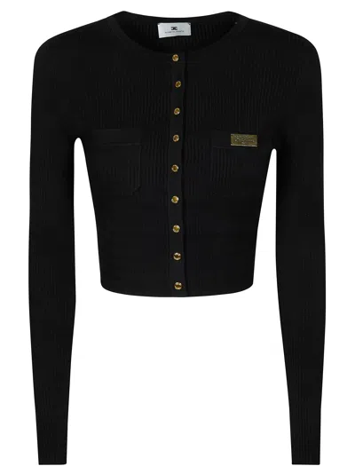 Elisabetta Franchi Knit Cardigan Gold Tone Buttons Pockets In Black