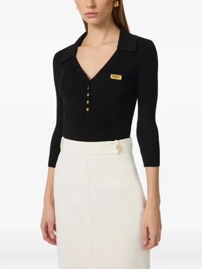 Elisabetta Franchi Textured Knit Polo Shirt With V-neck And Gold Accents In Black