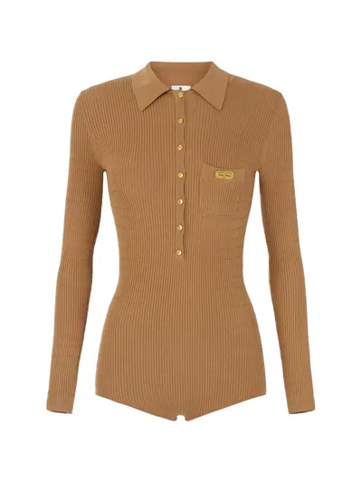 Elisabetta Franchi Micro-cable Knit Jumpsuit In Brown