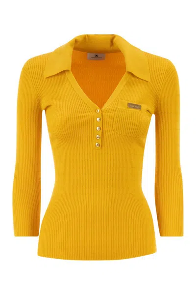Elisabetta Franchi Micro-cable Knit Polo Shirt In Yellow