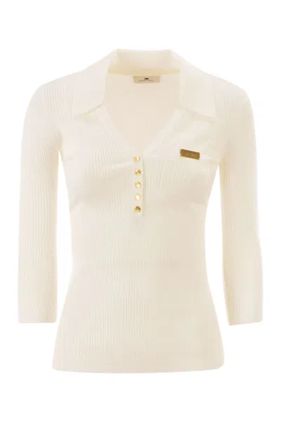 Elisabetta Franchi Micro-cable Knit Polo Shirt In Neutral