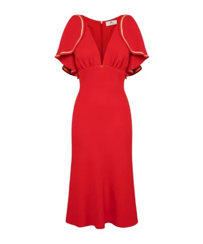 Elisabetta Franchi Midi Dress In Flowing Crêpe Fabric With Cap Sleeves In Red