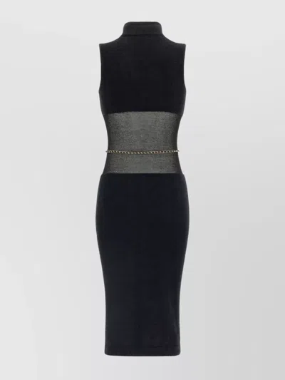 Elisabetta Franchi Midi Dress With Chain Belt And Sheer Panel In Animal Print