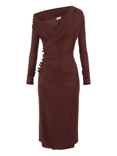 Elisabetta Franchi Midi Dress With Draped Design In Burgundy
