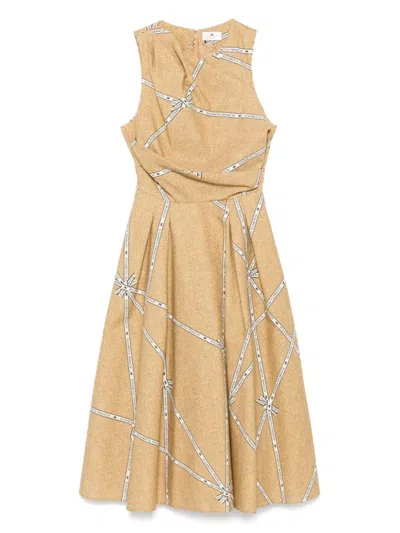 Elisabetta Franchi Midi Dress With Geometric Patterns And Rounded Collar In Gold