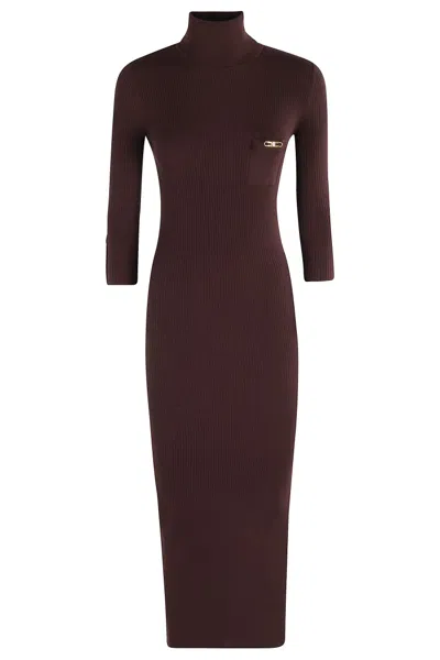 Elisabetta Franchi Midi Dress With High Neck And Side Slit Detail In Brown