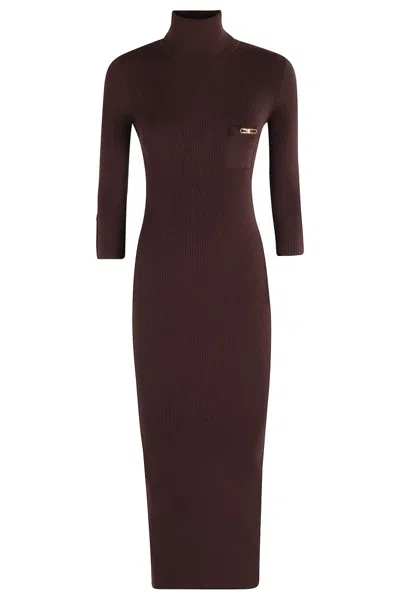 ELISABETTA FRANCHI MIDI DRESS WITH HIGH NECK AND SIDE SLIT DETAIL
