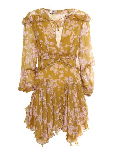 Elisabetta Franchi Ruffles Voile Printed Dress In Yellow