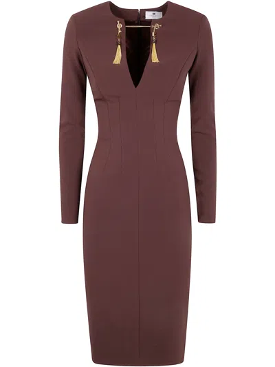 ELISABETTA FRANCHI MIDI FIT DRESS,AB80557E2 EA3 COFFEE