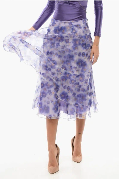 Elisabetta Franchi Midi Organza Skirt With Floral Pattern In Blue