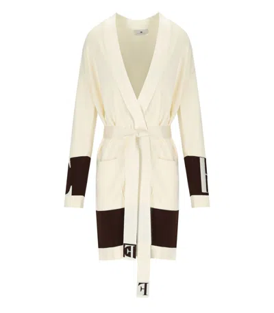 ELISABETTA FRANCHI MILK COFFEE BELTED CARDIGAN