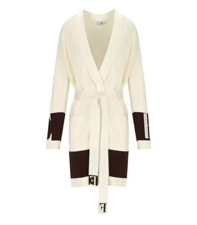 Elisabetta Franchi Milk Coffee Belted Cardigan In White