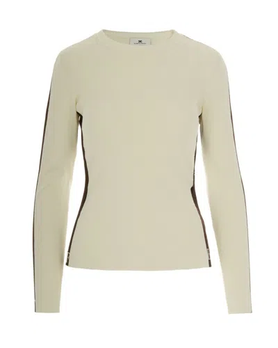 ELISABETTA FRANCHI MILK/COFFEE VISCOSE SWEATER WITH GLOSSY BANDS