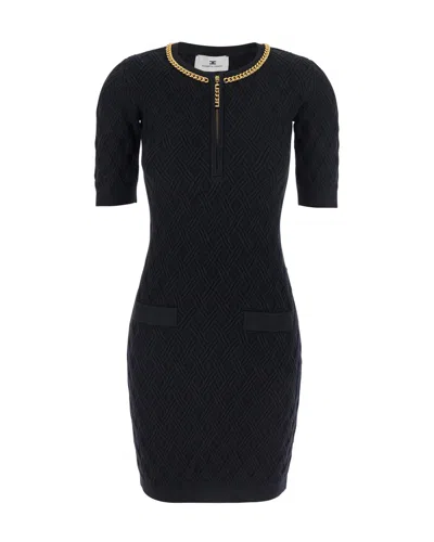 ELISABETTA FRANCHI MINI DRESS IN DIAMOND KNIT WITH BLACK JEWEL DETAIL