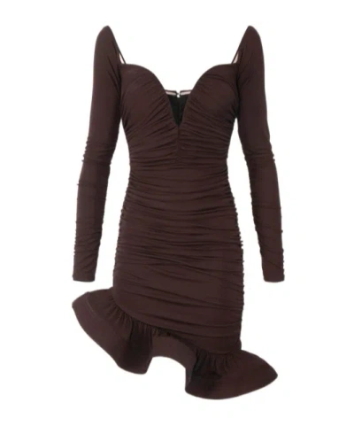 Elisabetta Franchi Mini Dress In Crepe Jersey Fabric With Flounce In Brown