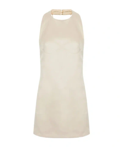 Elisabetta Franchi Mini Dress In Duchess Satin With Necklace In Neutral