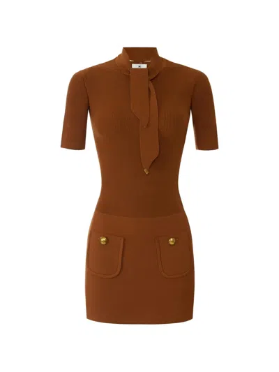 Elisabetta Franchi Mini Dress In Knit Fabric With Jewel Buttons In 브라운