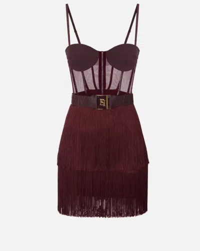 Elisabetta Franchi Mini Dress In Tulle And Fringes In Burgundy