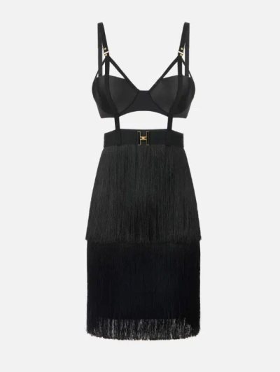 Elisabetta Franchi Mini Dress With Fringes In Black