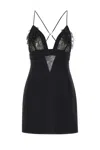Elisabetta Franchi Plunging Neckline Mini Dress With Lace Detailing And Floral Embellishments In Black