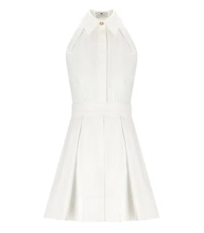 Elisabetta Franchi Mini Dress With Pleated Skirt And Logo Detail In Beige