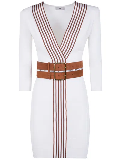 Elisabetta Franchi Ivory Striped Ribbed Knit Dress In White