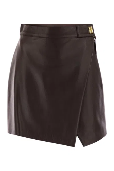 Elisabetta Franchi Mini Skirt In Nappa Leather In Brown