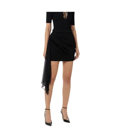 Elisabetta Franchi Miniskirt In Satin And Voile Fabric With Sash Belt In Black