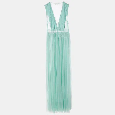 Elisabetta Franchi Mint Green Lace & Tulle Sleeveless Gown