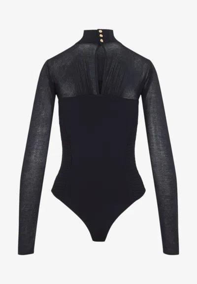 Elisabetta Franchi Mock-neck Semi Sheer Bodysuit In Blue