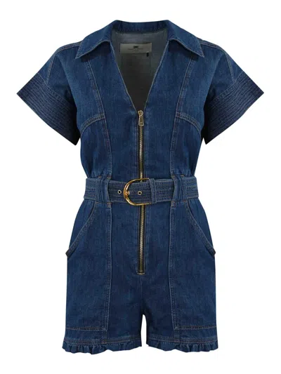Elisabetta Franchi Short Denim Jumpsuit With Belt In Blue