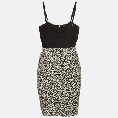 Pre-owned Elisabetta Franchi Monochrome Abstract Print Stretch Crepe Bustier Mini Dress S In Black