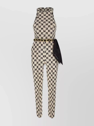 Elisabetta Franchi Double Crepe Jumpsuit With Logo Print And Belt In Beige