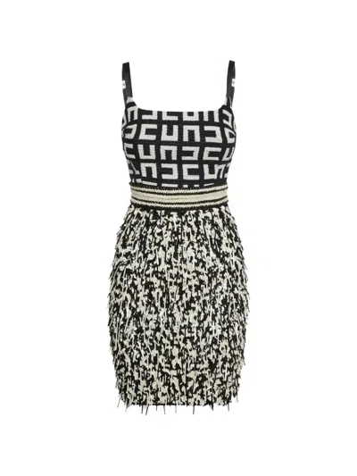 Pre-owned Elisabetta Franchi Monogram Fringed Mini Dress In Black