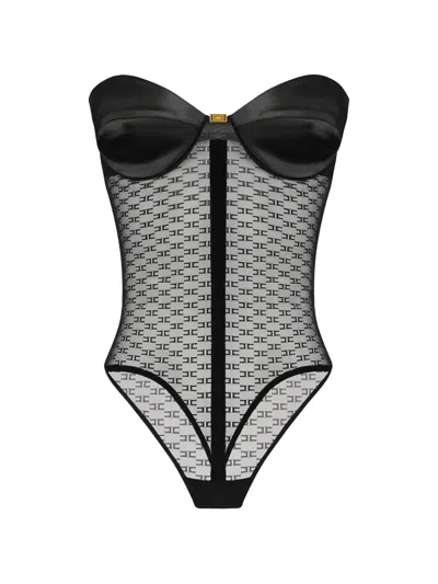 Elisabetta Franchi Shoulder Bare Bodysuit Mesh Panel Geometric In Black