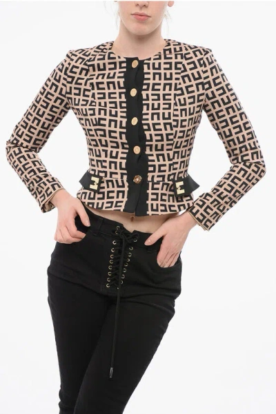 Elisabetta Franchi Monogram Patterned Crop Blazer In Black