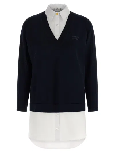 Elisabetta Franchi Multi-layer Mini Dress With V-neck Knit Top And Cotton Poplin Underlayer In Blue