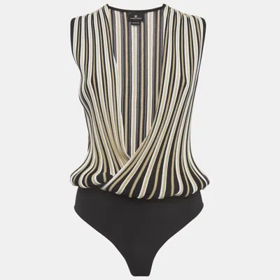 Pre-owned Elisabetta Franchi Multicolor Stripe Jersey And Stretch Knit Deep V-neck Bodysuit M