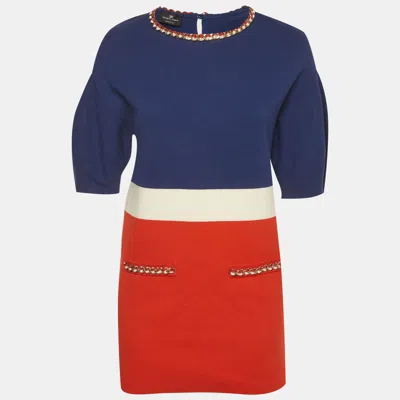 Elisabetta Franchi Multicolour Knit Chain Applique Mini Dress In Blue