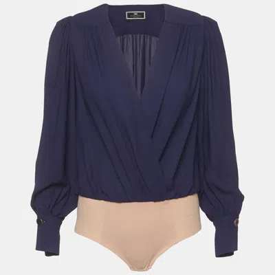 Pre-owned Elisabetta Franchi Navy Blue Crepe Draped Bodysuit Top M
