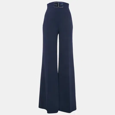 Pre-owned Elisabetta Franchi Navy Blue Crepe High Rise Flared Trousers M