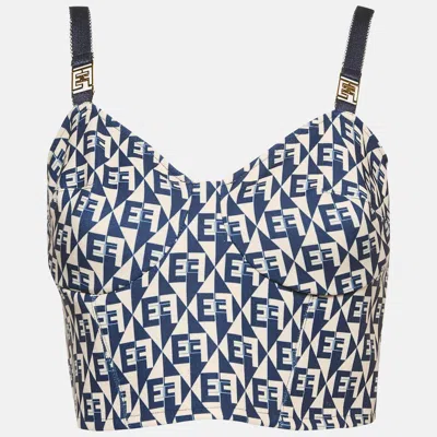 Pre-owned Elisabetta Franchi Navy Blue Logo Print Crepe Crop Top M
