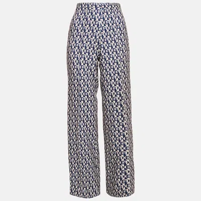 Pre-owned Elisabetta Franchi Navy Blue Monogram Crepe Straight Leg Pants M