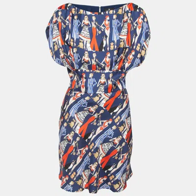 Pre-owned Elisabetta Franchi Navy Blue Printed Silk Twill Mini Dress M