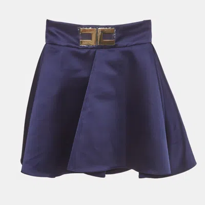 Pre-owned Elisabetta Franchi Navy Blue Satin High Waisted Pleated Mini Skirt S
