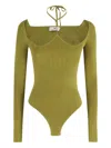 Elisabetta Franchi Neck-tie Ribbed Bodysuit In Green