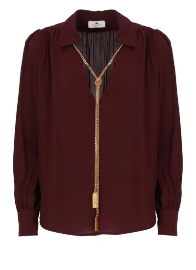 Elisabetta Franchi Necklace Embellished Georgette Blouse In Red