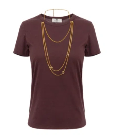 Elisabetta Franchi Jersey T-shirt With Jewel Accessory In Burgundy