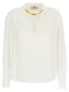Elisabetta Franchi Pleated Shoulder Long Sleeve Shirt With Gold Hardware In White