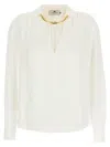 Elisabetta Franchi Pleated Shoulder Long Sleeve Shirt With Gold Hardware In White